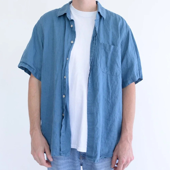 Vintage 90S Joseph Abboud Blue 100% Linen Short Sleeve Button Up  Shirt Size XL - Picture 1 of 10